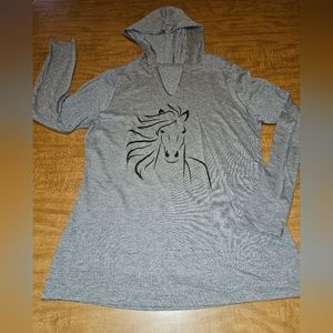 Womens Hoodie Mustang Horse Long Sleeve M L Gray